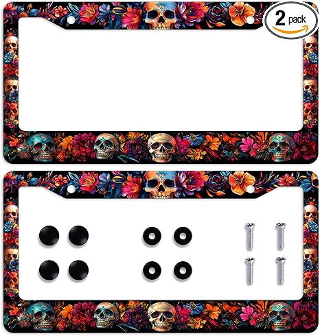 2 Pcs Skull Car Front License Plate Frame Bloom Neon Floral Day Dead Halloween Personalise License Plate Frames Stainless Steel Metal Car Plates Tag Funny Decor Men Women 6 X 12 Inch with Screws - skull plate