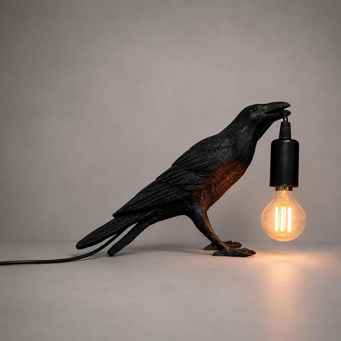 CROWSONG Gothic Raven Lamp – Crow Lamp with Adjustable Brightness, Dimmable Ambient Lighting, Black Bird Decor, Dark Academia Style, Vintage Filament E12 LED Bulb, Unique Home Accent Gift - skull lamp