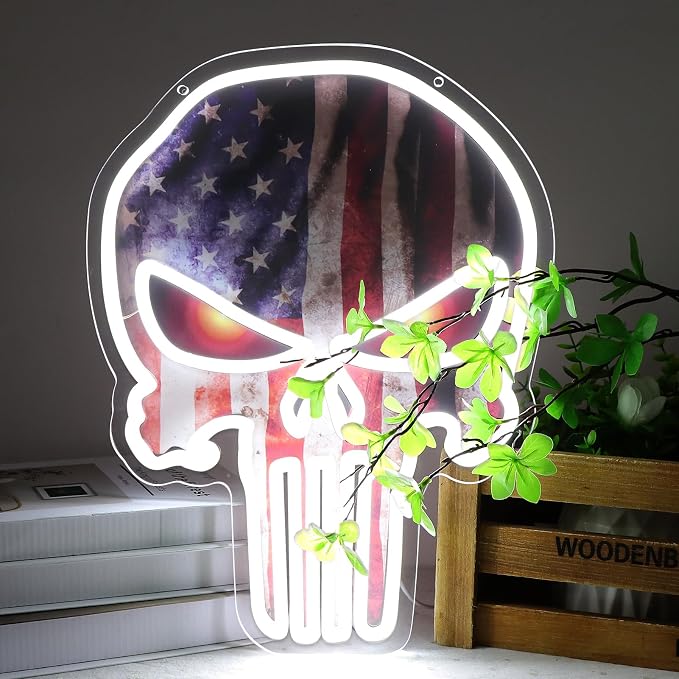 Punisher Skull Neon Signs for Wall Decor Neon Lights for Bedroom Led Business Signs Suitable for Man Cave Bar Pub Restaurant Christmas Gift Art - skull wall art