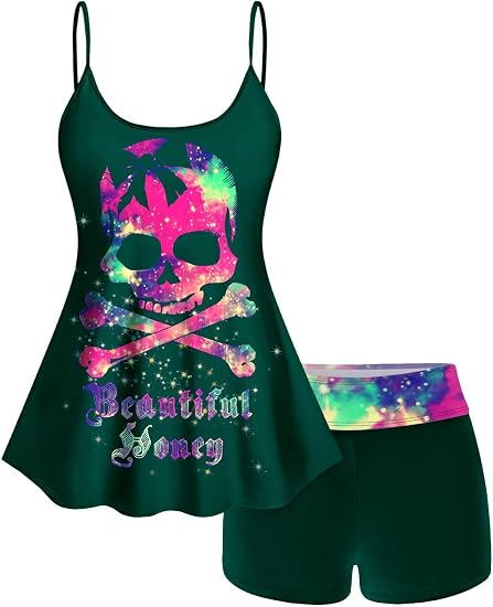 ROSE GAL Rosegal Plus Size Women Gothic Tummy Control Tankini Swimsuit Skull Glitter Print Boyleg Padded Tankini Swimwear