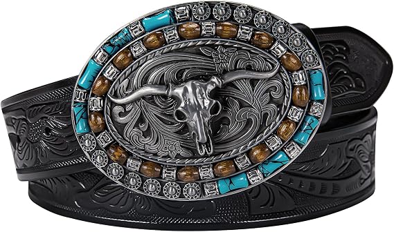 Barry.Wang Western Cowboy Belt Men Women Embossed Leather Longhorn Buckle - skull wallet