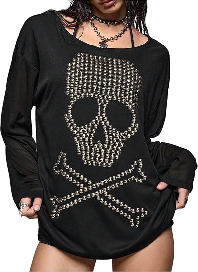RoseSeek Women's Skull Rivets Top Grunge Punk Y2k Tops Punk Clothes - skull tshirt