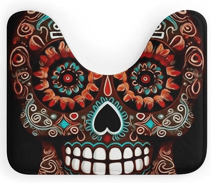 Sugar Skulls Day of The Dead Toilet Mat U-Shaped Contour Toilet Rugs Non Slip Washable Bathroom Mat Absorbent Thick Soft Floor Carpet Bath Rugs Mat for Toilet Base 20" X 16" - skull toilet mat