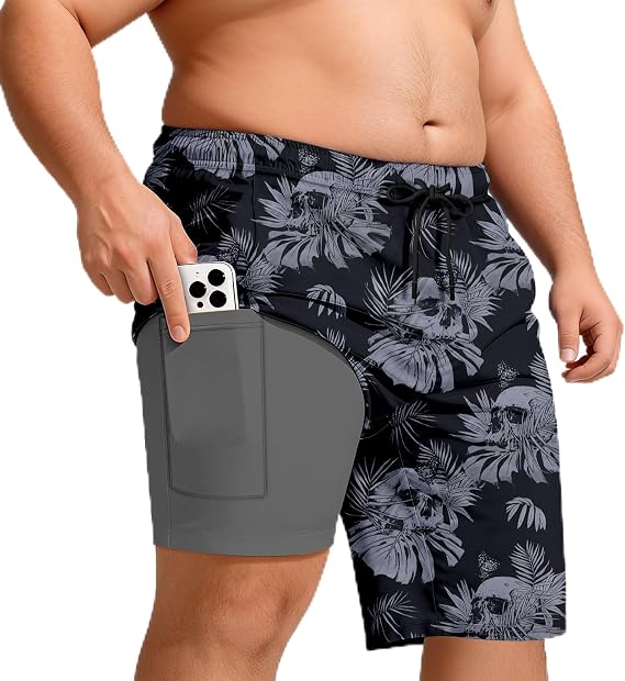 Big and Tall Men's 10'' Quick Dry Swim Trunk with Compression Liner - skull swimsuit