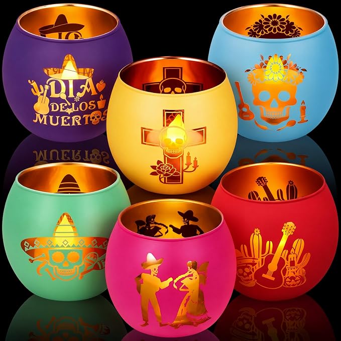 Remerry 6 Pcs Day of The Dead Candle Holders, Dia De Los Muertos Decoration - skull candle