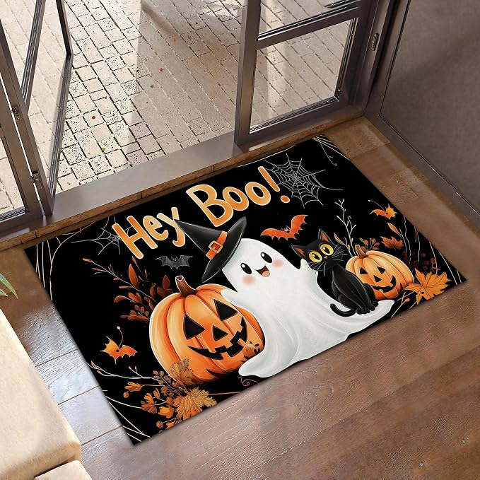 Halloween Ghost Welcome Mat,Pumpkin Black Cat Indoor Rugs for Entryway,Anti-Slip Low Profile Doormats Porch Mats for Front Door Stairway Rug Living Room Floor Mat 30 x 17 Inch