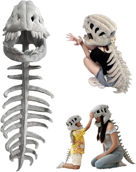 Dinosaur Skeleton Costume, 3D Spinosaurus Skull Mask with Plush Spine Tail for Halloween Cosplay and Party Dress Up - skeleton