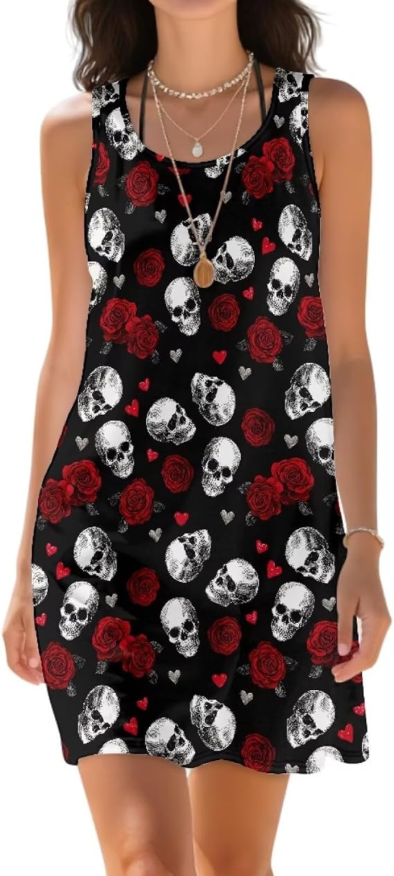 Women's Sleeveless Dress Summer Crew Neck Mini Dresses Casual Swing Dress Beach Vacation Tank Sundress - sugar skull dress