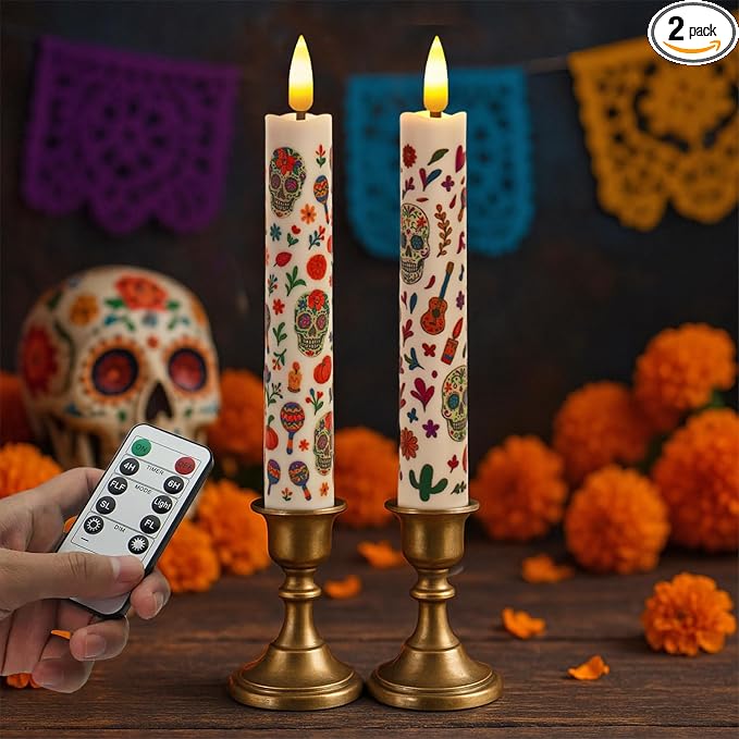 Dia De Los Muertos Taper Candles with Timer Remote 2 Pack - skull candle