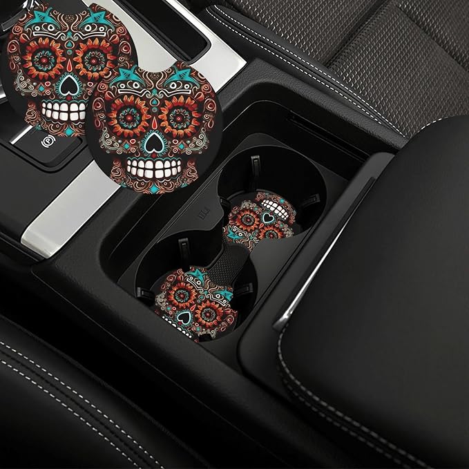 Car Cup Holder Coasters 2 Pcs Sugar Skulls Day of The Dead Car Coaster Anti Slip Cup Pad Universal Auto Interior Cup Holder Pads Rubber Car Cup Mat with A Finger Notch - skull coaster