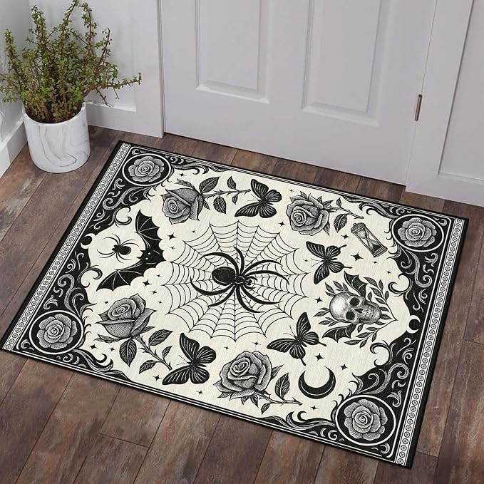 Gothic Dark Academia Rug 2x3 for Entryway Bathroom Kitchen Washable Black - skull carpet