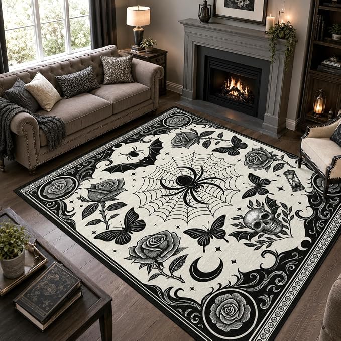 Gothic Dark Academia Area Rug 5x7 Goth Spider Rug for Living Room Washable - skull carpet