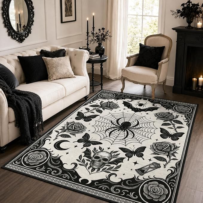 Gothic Dark Academia Area Rug 3x5 Goth Spider Rug for Bedroom Washable - skull carpet