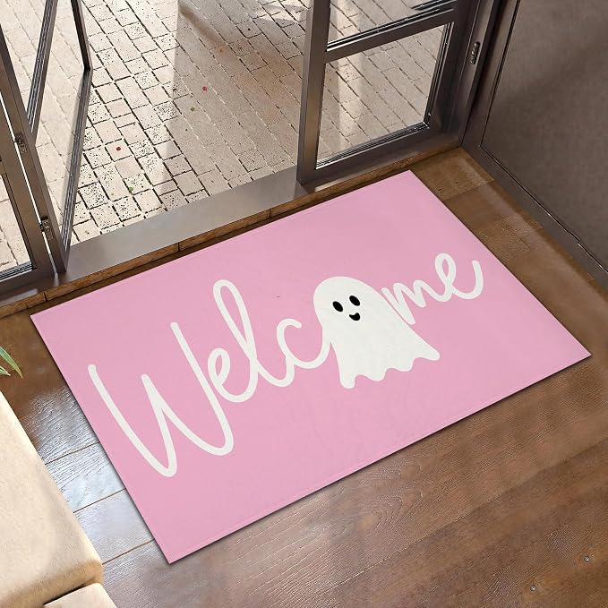 Cute Pink Ghost Front Door Mat,Anti-Slip Halloween Gothic Entrance Indoor Rug Mat,Low Profile Door Mat Entrance,Doormats for Home Kitchen Bedroom Porch, Hallways 30 x 17 Inch