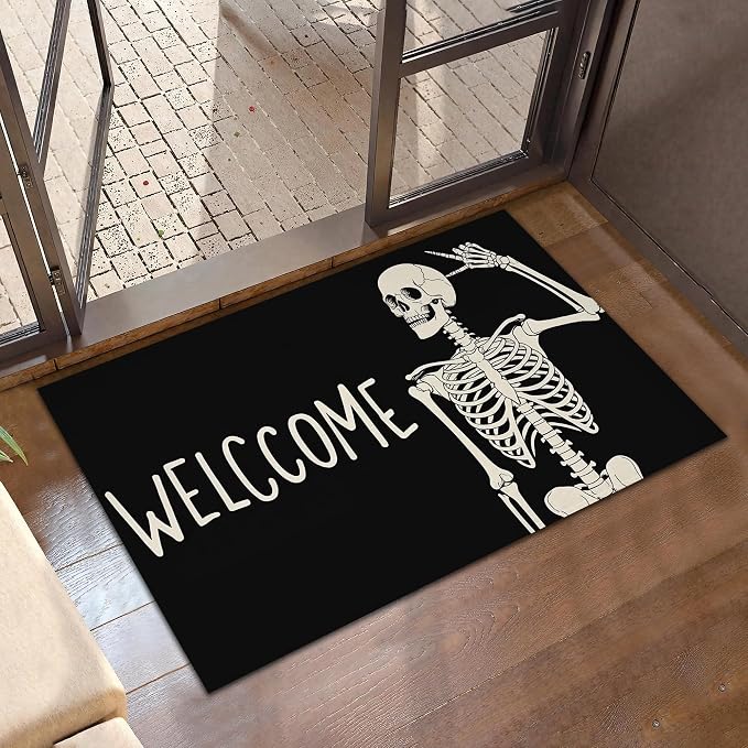 Indoor Rugs for Entryway,Gothic Skeleton Welcome Mat for Home,Halloween Skull Low Profile Entrance Rugs Non-Slip Doormats for Back Door Patio, Porch,Home Stairway,30 x 17 Inch - skull floor mat