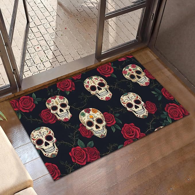 Halloween Skulls Front Door Mat,Anti-Slip Gothic Red Rose Flowers Entrance Indoor Rug Mat,Low Profile Door Mat Entrance,Doormats for Home Kitchen Bedroom Porch, Hallways 30 x 17 Inch