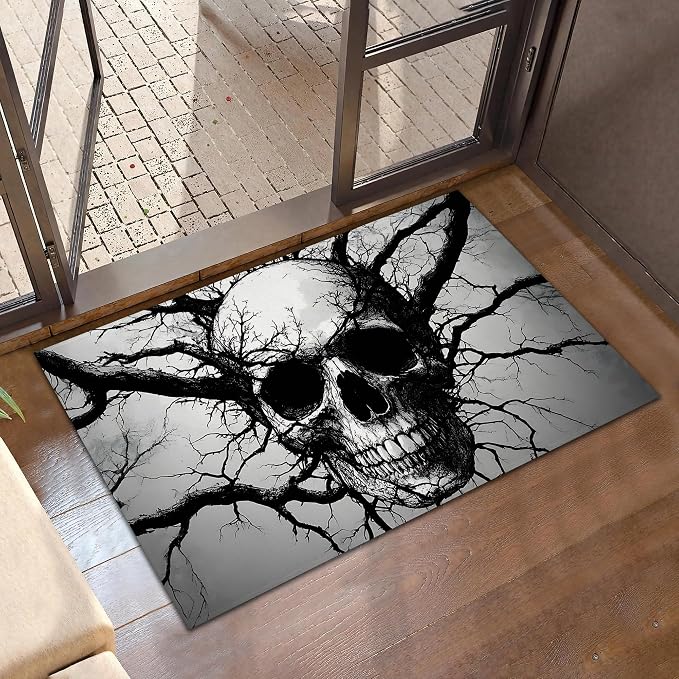 Indoor Rugs for Entryway,Gothic Skull Welcome Mat for Home,Halloween Low Profile Entrance Rugs Non-Slip Doormats for Back Door Patio, Porch,Home Stairway,30 x 17 Inch - skull rug