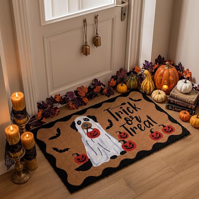 Tinideya Halloween Ghost Dog Doormat, Trick or Treat Welcome Mat - skull door mat
