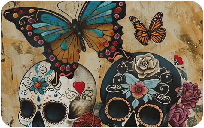 Sugar Skulls Butterfly Print Diatomaceous Rug 31.5x19.7inch Water Clean Floor Carpet for Tub Shower Home Decor - skull carpet