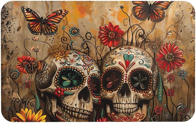 Sugar Skulls Butterfly Print Diatomaceous Rug 31.5x19.7inch Water Clean Floor Carpet for Tub Shower Home Decor - skull carpet