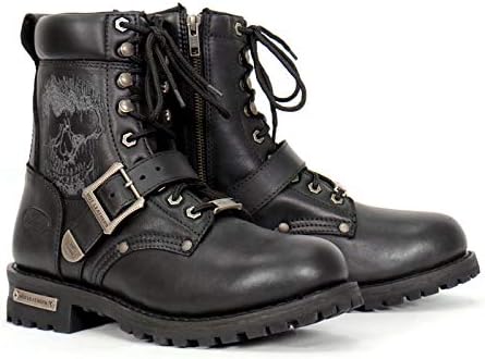 Hot Leathers Men’s Black Grave Rub Skull Tall Logger Motorcycle Boots – Embroidered Skull Art with Lug Sole Grip - sugar skull boots