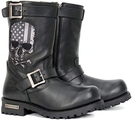 Hot Leathers Men’s Tall Black Harness Leather Motorcycle Boots – Flag Skull Design with Lug Sole Grip - sugar skull boots