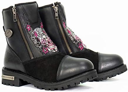 Hot Leathers Womens Sugar Skull Ankle Leather Riding Boots – Double YKK Zippers with Cap Toe & Lug Sole Grip - sugar skull boots