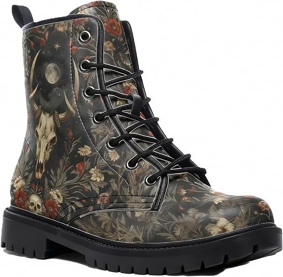 Women Printed Ankle Boots with Graffiti Pumpkin Bat Crow Floral Leaves Natural Scenery Stylish Colorful Platform Lace-up Leather Combat Booties Casual Everyday Party Halloween Christmas - sugar skull boots