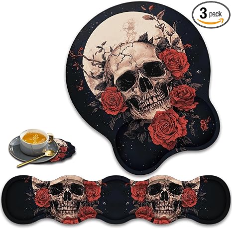 Keyboard Wrist Rest Pad + Wrist Rest Support Mouse Pad + Lace-Shaped Coaster Set. Ergonomic Relief Wrist Pain Anti-Slip Mouse Pad for Home and Office, Skull Rose Under The Moon - skull coaster