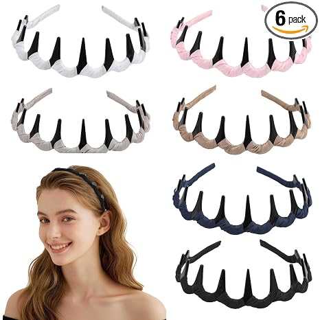 6 PCS High Cranium Headbands for Women Girls, Non Slip Zig Zag Headband with Teeth, Reversible Retro High Skull Headbands, Plastic Comb Head Band U Shape Vintage Hair Accessories - skull headband