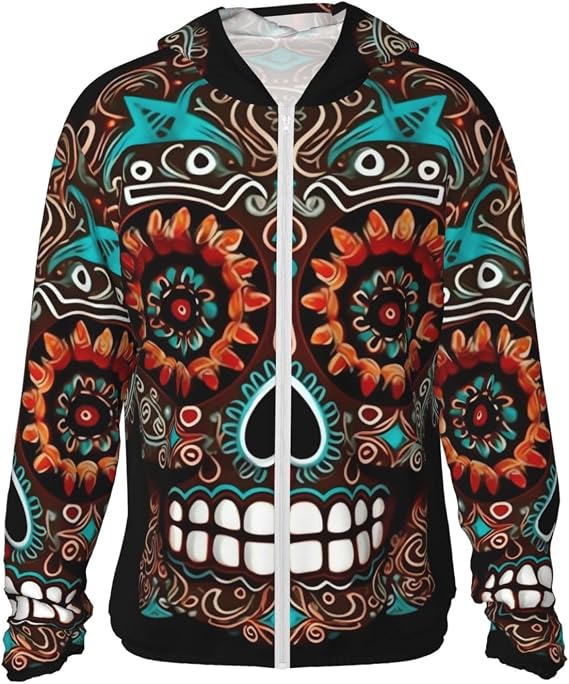 UPF 50+ Sun Protection Hoodie Jacket Quick Dry Rash Guard Long Sleeve Sugar Skulls Day of The Dead Sun Shirt - skull hoodie