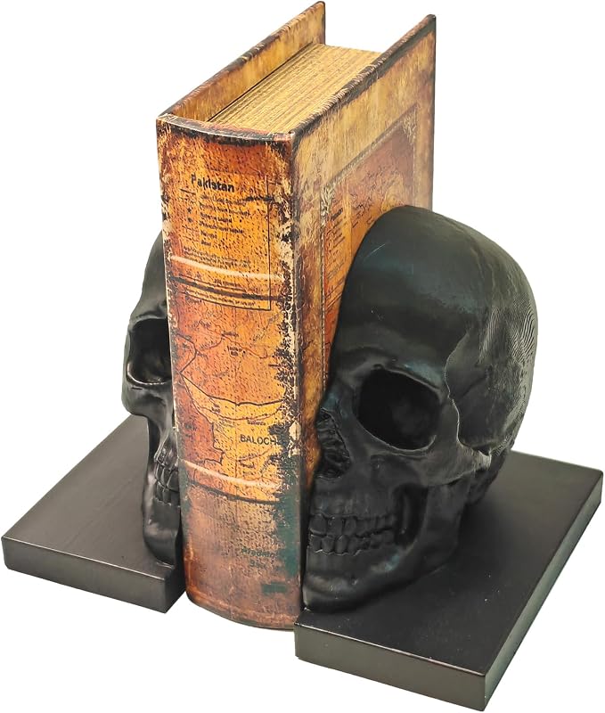 Split Skull Bookends, Heavy Resin Gothic Bookshelf Decor, Black - skull figurine
