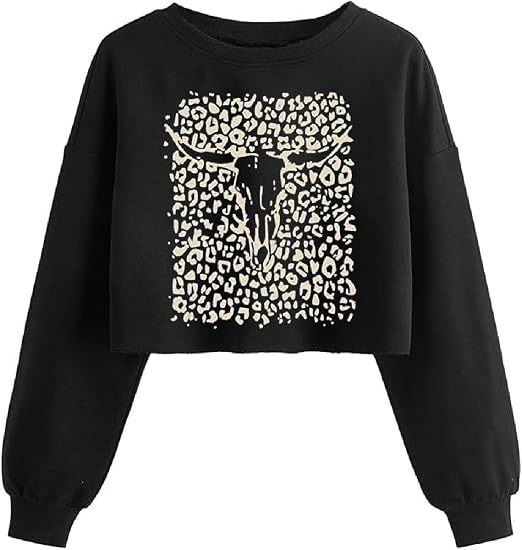 Women Graphic Print Crew Neck Crop Sweatshirt Lantern Long Sleeve Top