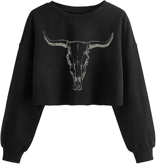 Women Graphic Print Crew Neck Crop Sweatshirt Lantern Long Sleeve Top - skull sweatshirts
