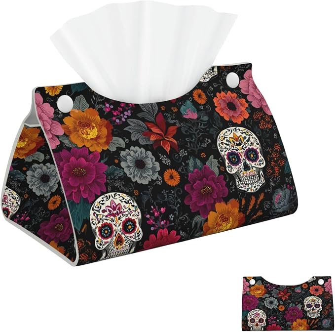 Tissue Box Cover Long Tissues Cube Boxes PU Leather Tissue Holder Sugar Skulls Black Floral Flowers Tissue Box Facial Tissues Case Decorative Paper Organizer Dispenser for Bathroom Bedroom Office - skull toilet paper