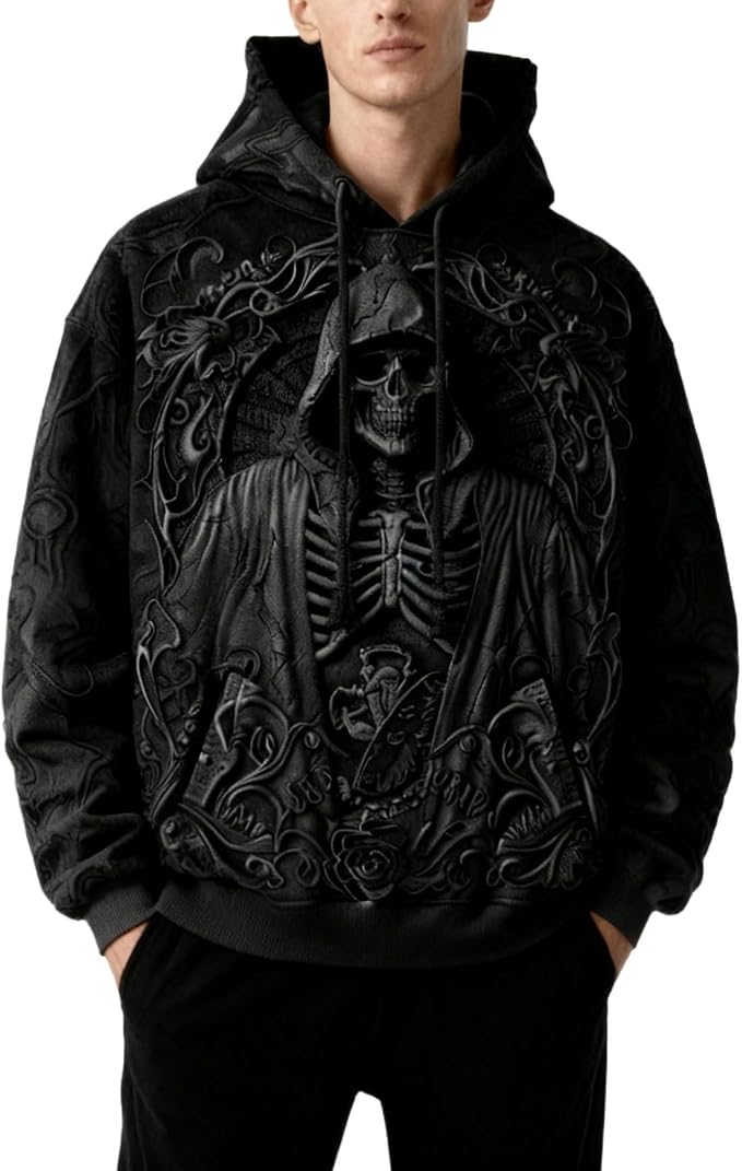 Mens 3D Skull with Grim Reaper Print Hoodie Death Drawstring Front Pocket Fleece Sweatshirt