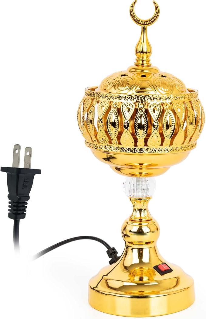 Golden Electric Incense Burner, Arabian Style Frankensense Electric Incense Holder with US Plug, Middle Eastern Tabletop Decorative Censer for Yoga Spa Home Office Christian Church Decor - skull incense burner