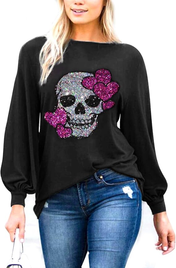 PESION Womens Casual Bishop Sleeve Blouse Boat Neck T-Shirts Tunic Tops - skull hoodie