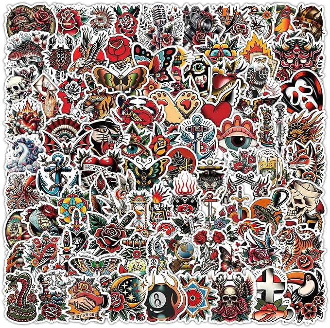 120PCS Vintage Graffiti Tattoo Stickers Packs for Adults Teens, Retro Horror Skull Waterproof Vinyl Sticker for Water Bottles Laptops Cars Skateboards Mens Cave Decorations