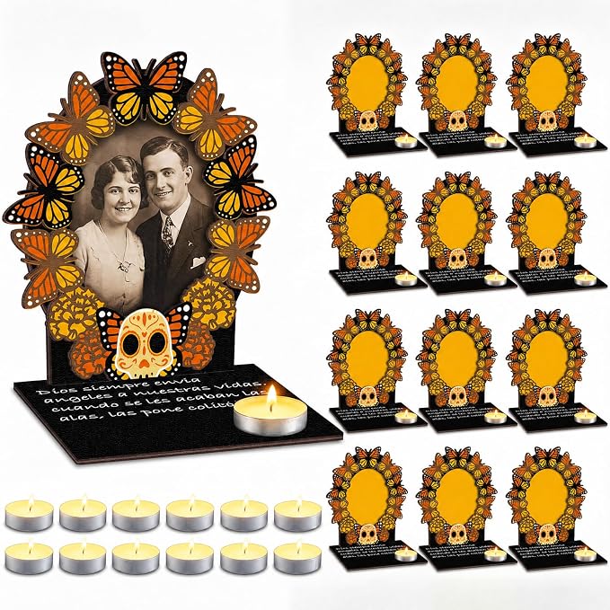 12 Sets Dia De Los Muertos Ofrenda Altar Wood Picture Frames with Candles - skull candle
