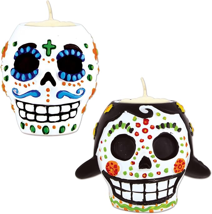 Beistle Day of the Dead Tea Light Holder Set – Male and Female Sugar Skull Candle Holders, Ceramic Dia de Los Muertos Décor, Decorations for Altar Displays, Home, and Festive Celebrations, 6 Ounces - skull candle