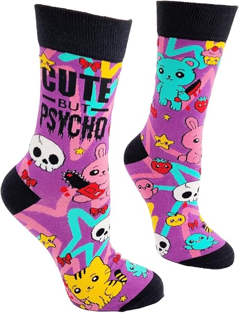 Fabdaz Women's Cute but Psycho Novelty Crew Socks, Purple Multicolor Cotton Blend, One Size, Funny Design with Kawaii Animals and Skulls - sugar skull costume