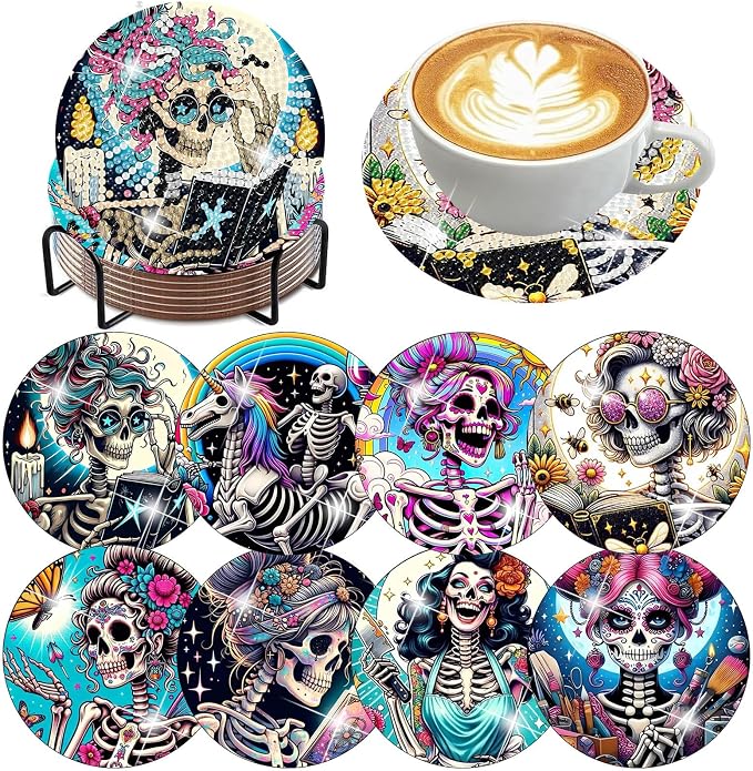 ijbnhd 8 PCS Skull Diamond Art Coasters Kit Diamond Painting Coasters - skull painting