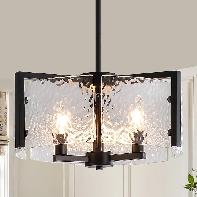 Modern Glass Chandeliers, Drum Chandelier for Dining Room Black Pendant Light Fixture for Kitchen Island Bedroom, Living Room, Clear Ripple Glass Shade (E12 Bulbs Not Included)