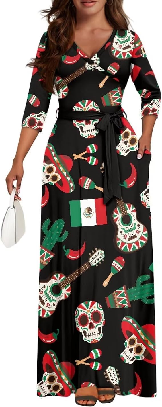 Plus Size Maxi Dress for Women Summer Flowy V-Neck 3/4 Sleeve Wrap Tie Waist Ruched Long Dress with Poctets - sugar skull dress