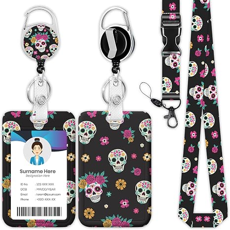 Sugar Skull Flower Wreath Lanyards for ID Badges, Retractable ID Badge Holder with Detachable Lanyard Name Tag Protective Case for Teacher Doctor Nurse Women Men Student Gifts - skull backpack