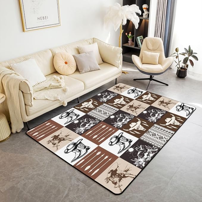 Feelyou Retro Western Cowboy Area Rug 3x5 Bull Skull Horse Arrow Print Living Room Rugs for Kids Boys Girls Bedroom Rustic Farmhouse Decor Carpet with Non-Slip Backing Indoor Floor Mat Soft Polyester - skull carpet