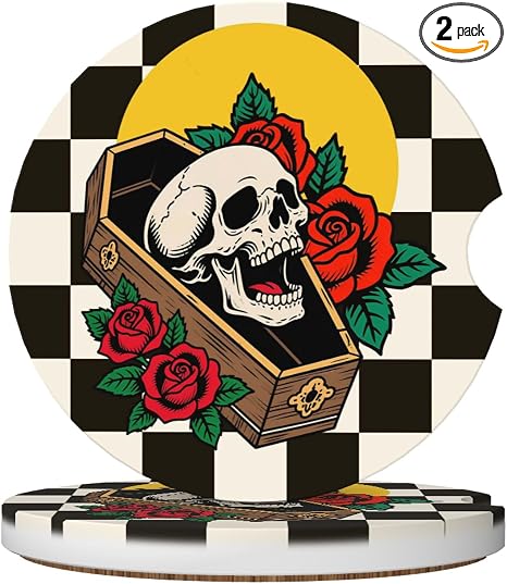 Skull Checkered Car Cup Holder Coasters 2 Pack 2.63" for Women - skull coaster