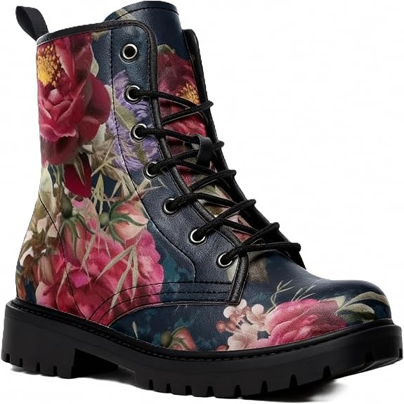 Women Printed Ankle Boots Flower Mushroom Skull Animals Solid-color Stylish Colorful Casual Everyday Platform Lace-up Leather Combat Booties Party Halloween Christmas - sugar skull costume