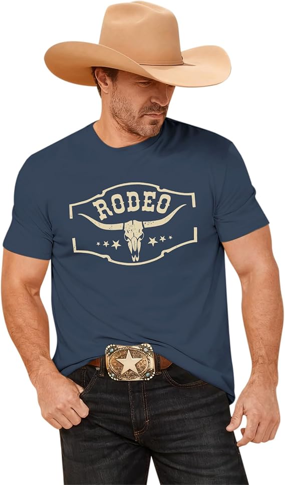 Mens Western Cowboy Rodeo Shirts Vintage Cow Skull Graphic Tees Boho Country Concert Music T-Shirts Tops - skull tshirt